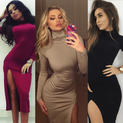 Women's High Neck Long Sleeve Bodycon Dresses Thigh Slit Evening Midi Club  Dress | eBay