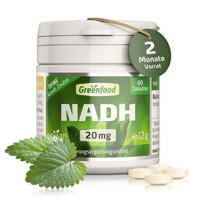 Greenfood NADH, 20 mg echtes NADH, extra hochdosiert, 60 Tabletten. Vegan.