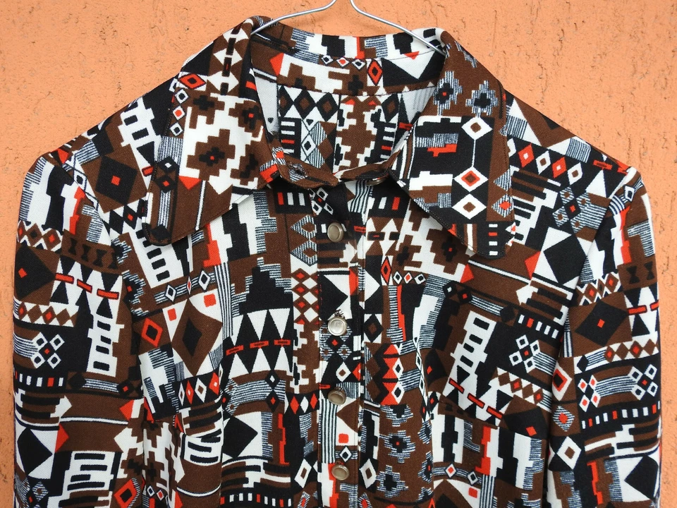 Camisa Hippie Vintage Años 70 Boho Geométrica Tribal Azteca Mujer M Perla Botones a Presión Foto 2 de 4