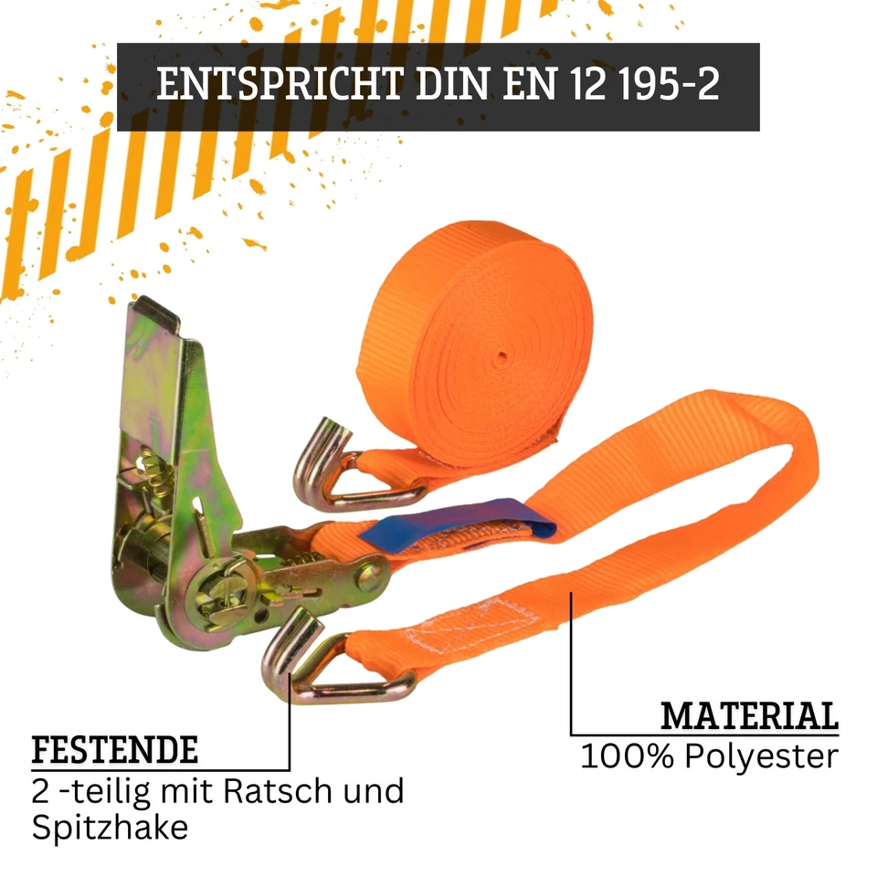 Spanngurt zweiteilig 6m lang 25mm breit 800 Kg daN Orange Zurrgurt Spanngurte - Bild 2 von 4