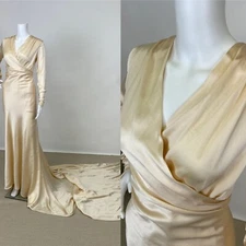 Antique 1930s Bias Cut Silk Long Sleeve Wedding Gown Cream Bridal Dress As Is