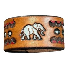 Leather Cuff Bracelet Elephant Design Hand Tooled Snap Closure Boho Wide Band