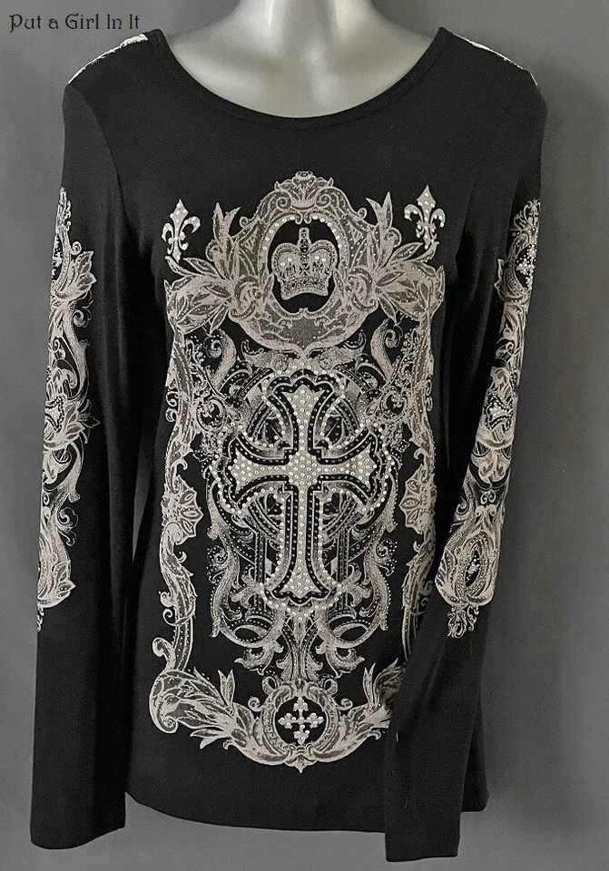 Nueva CAMISA VOCAL Mujer CRISTAL NEGRA ENCAJE CRUZADO CONTRASTE MANGA LARGA S M L XL