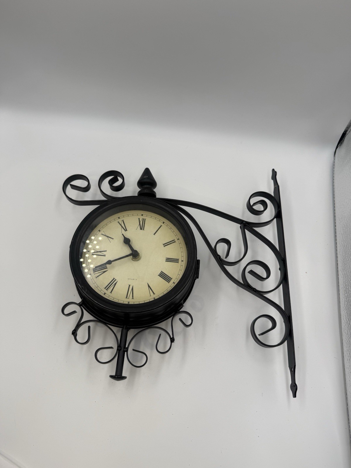 Double Sided Quartz Wall Clock Black Scroll Swirl Metal Vintage