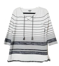 Talbots Womens Medium Top White Striped Heavy Cotton Tassels Fringe Hem