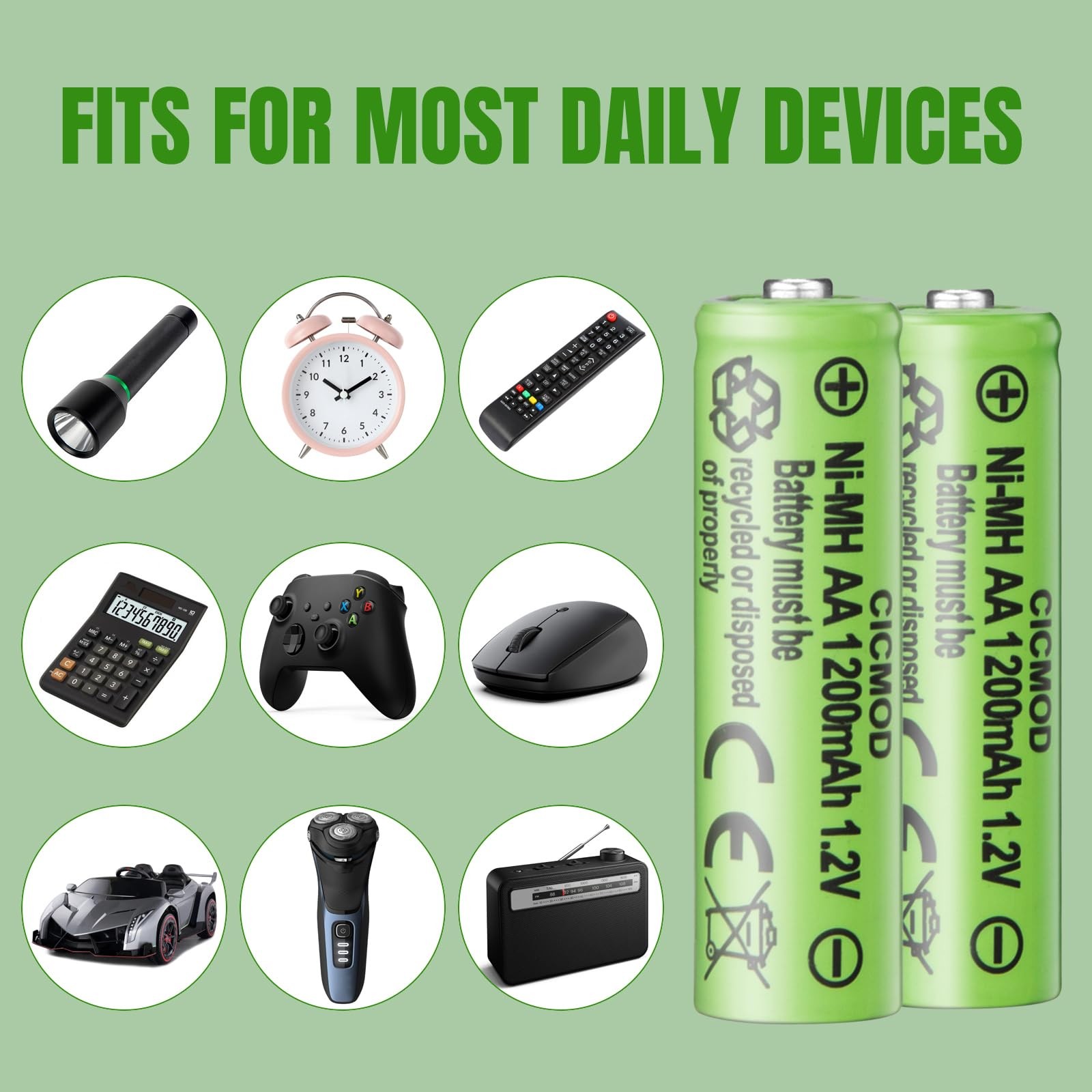 Rechargeable AA Batteries 1.2V Ni-MH 1200mAh Double A Battery for Outdoor Gar...