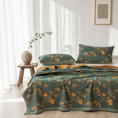 NEW Anthropologie Teal Orange Reversible Queen / King Bedspread Blanket Sham Set