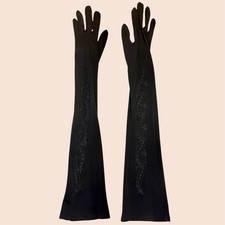 Vintage Embroidered Opera Length Gloves Black Rayon Long Formal Lady Gay 6