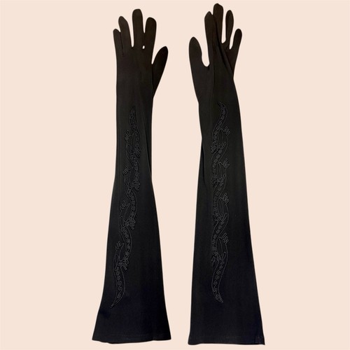 Vintage Embroidered Opera Length Gloves Black Rayon Long Formal Lady Gay 6
