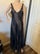 vtg OLGA black diagonal lace long night gown L