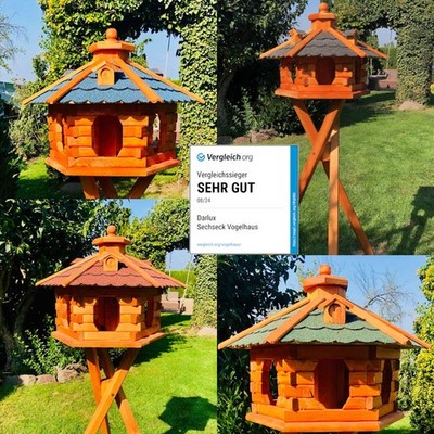 DARLUX Vogelfutterhaus XL Sechseck Vogelhaus Futterstelle Rot Blau Grün Schwarz