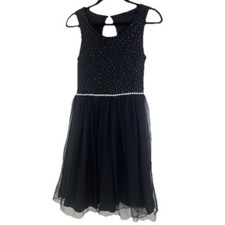 Lace Tulle Party Dress Girls Size 10 Black Rhinestone Waist Sleeveless Formal