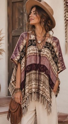 NWT Sacred Threads OS Exotic Woven Acrylic Open Hooded Poncho Jacket Cover-up