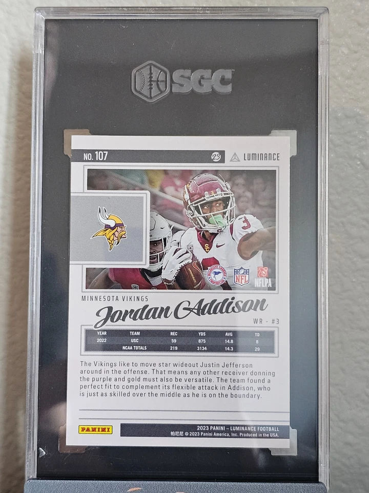 2023 Panini Luminance #107 Jordan Addison Orange /50 Gem Mint RC Vikings Trojan  - Image 3 of 3