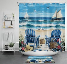 Tropical Hawaii Blue Ocean Beach Coastal Shower Curtain Bathroom Accessories Set