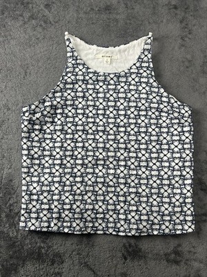 Francescas Miami Embroidered High Neck Tank Top, White/Blue Floral Size L EUC