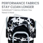 Britax Willow SC infant car seat with black and white cow print pattern and gray metal handle, SafeWash® fabric visible.