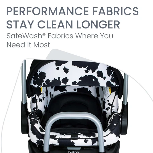 Britax Willow SC infant car seat with black and white cow print pattern and gray metal handle, SafeWash® fabric visible.