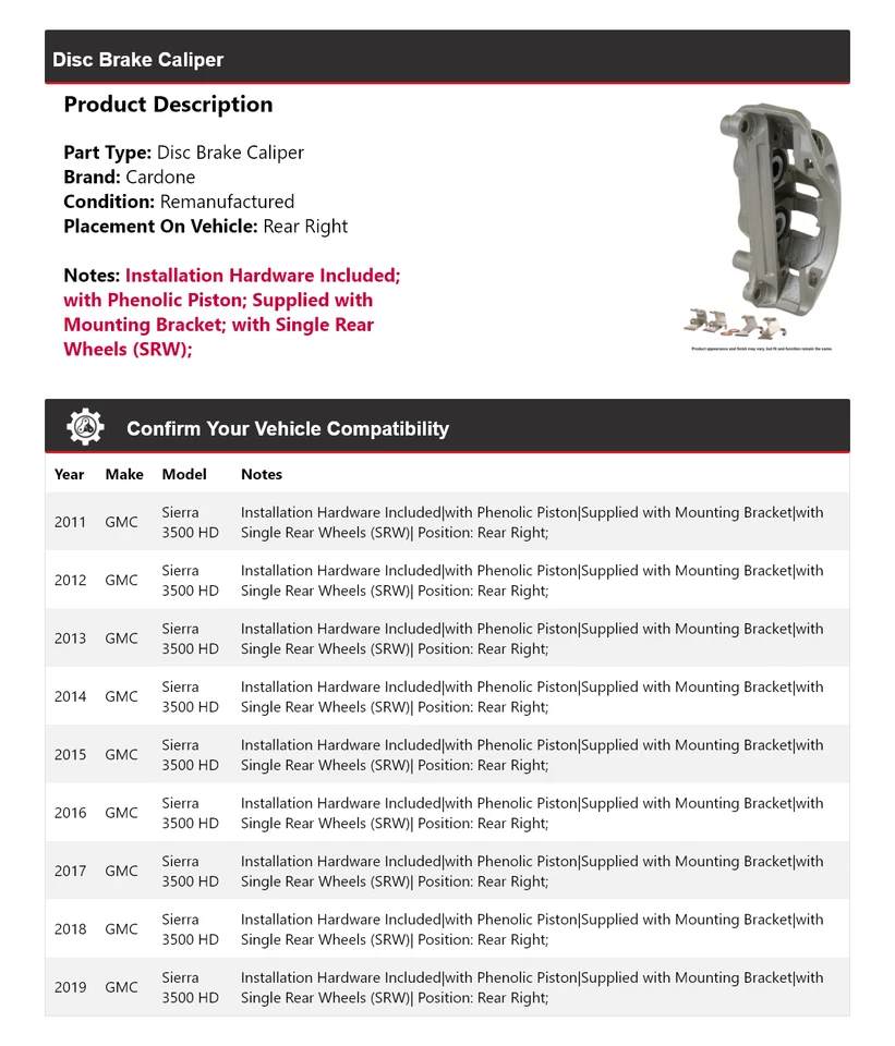 Pinza de freno de disco trasera derecha Cardone 2012 2013 para GMC Sierra 3500 HD 2011-2019 Foto 2 de 4
