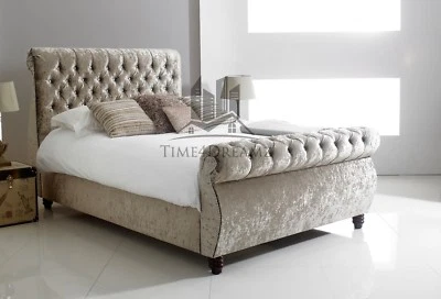 TIME4DREAMZ Diamond Sleigh Bed Scroll Frame Upholstered Chesterfield in Crush Velvet Fabric