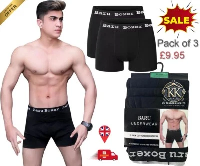 KK TRADERS Pack Of 1,3,6 Men's Black Baru Boxer Shorts Trunks Comfort Fit Boxers Underwear