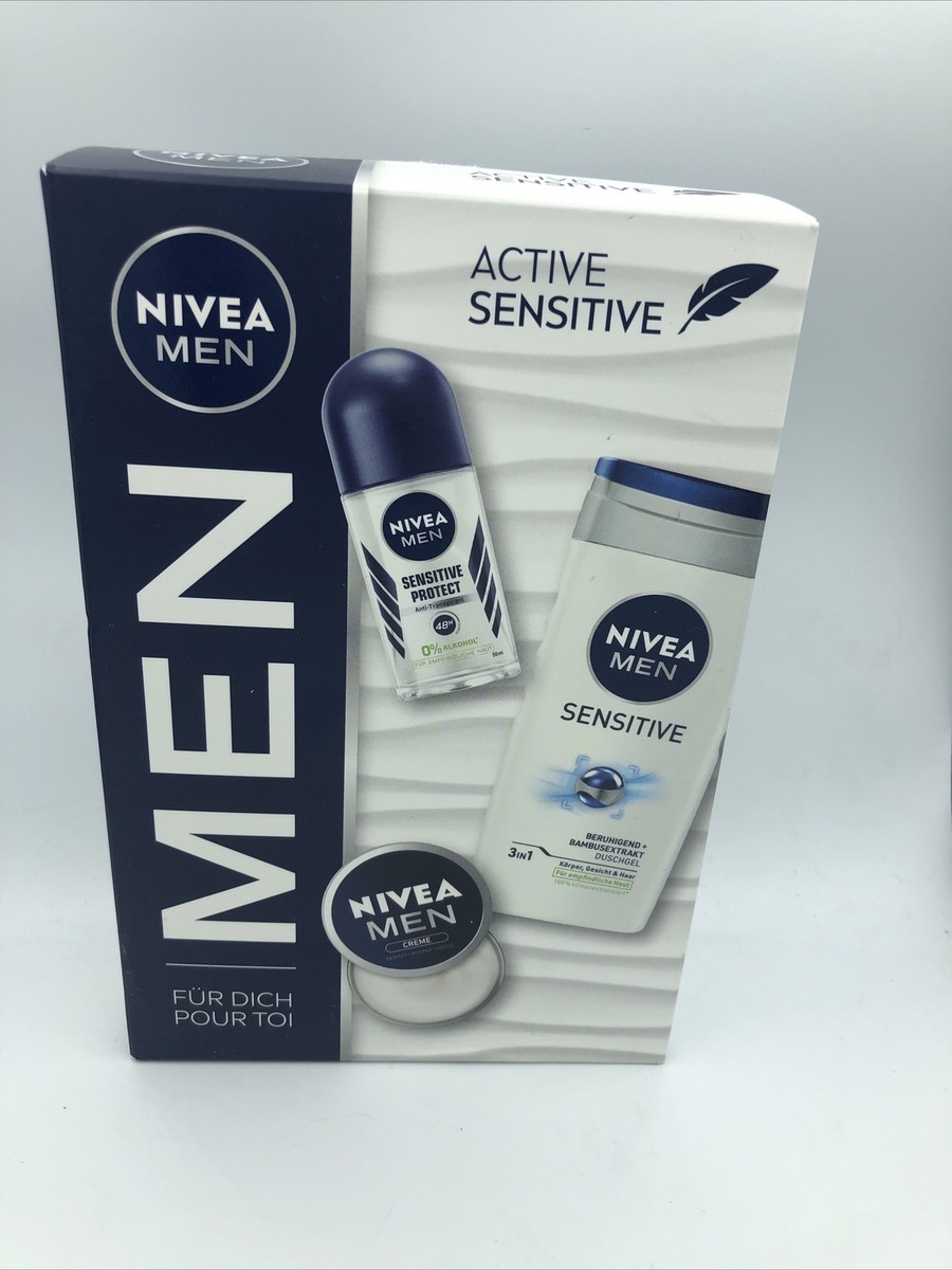 Nivea MEN Geschenkset Active Sensitive 3-teilig Duschgel Deoroller 