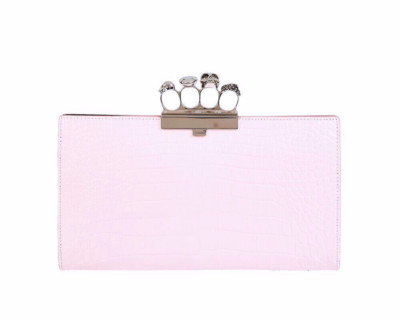 Alexander McQueen - Flat Knuckle Bag - Pink Croco Leather Silver Skull Clutch