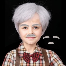 White Old Man Wig with Mustache Eyebrows Grandpa Costume Halloween 100 Days