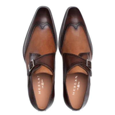 NIB Mezlan Men's Leather Wingtip Monk Strap in Brown/Taupe Size 10.5 S21067