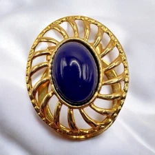 Vintage Scarf Clip Goldtone with Navy Blue Cabochon – Oval 1.75”