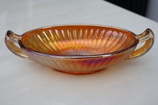 IRRIDESCENT ORANGE CARNIVAL GLASS RIBBED OVAL POSY BOWL WINDOW VASE HANDLES