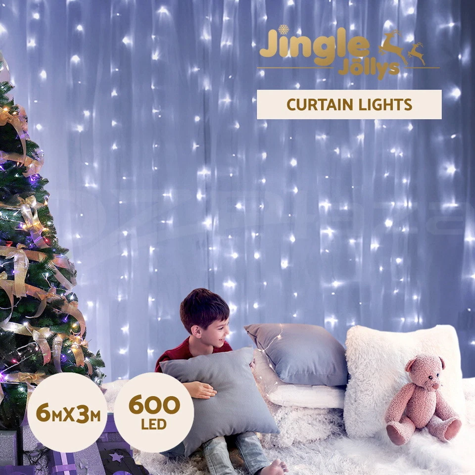 Jingle Jollys 6X3M Christmas Lights Curtain String Light 600 LED Cool White
