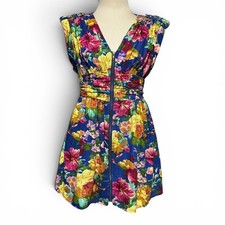 Twenty-One Zip Front Mini Dress Blue Yellow Pink Floral Medium