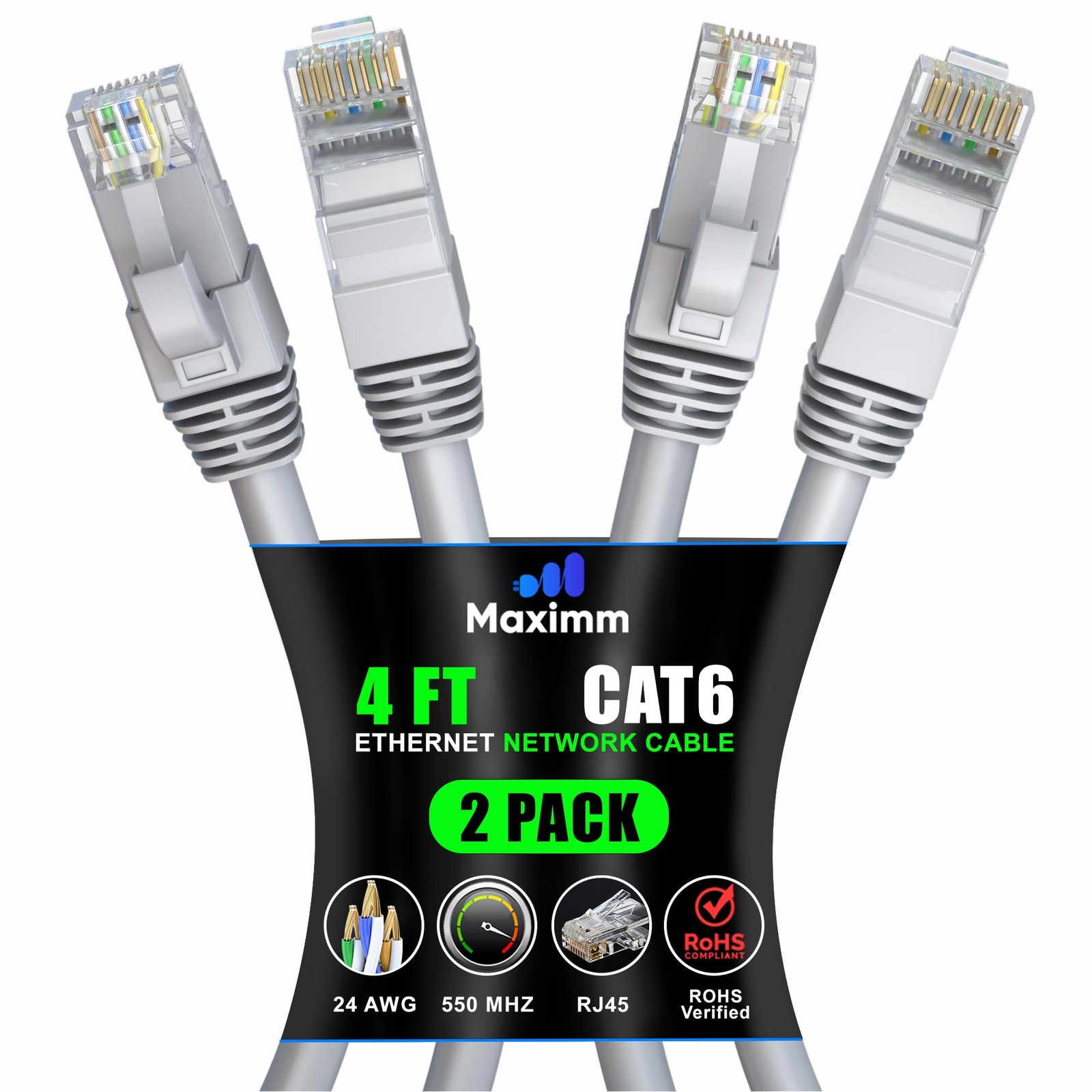Cat6 Ethernet Cable 4 ft 2-Pack Gray High-Speed LAN UTP 10Gbps 550MHz-image
