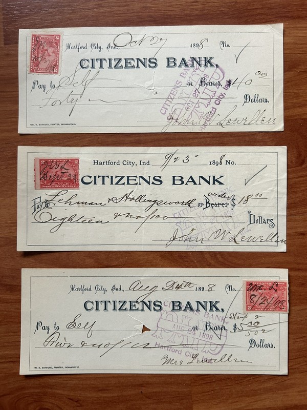 United States Three Old Bank Checks - 1898 Citizens Bank - Hartford City, IND.