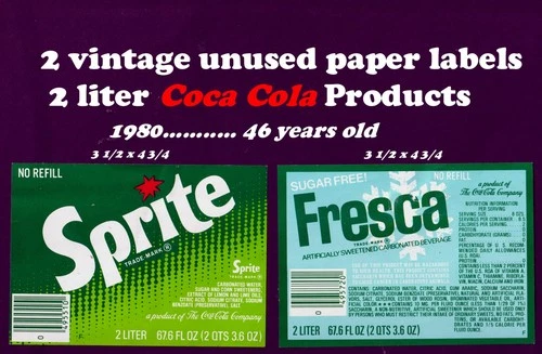 Lot of 2 Vintage  Coca Cola paper labels 2 liter Fresca Sprite unused 46 yrs old