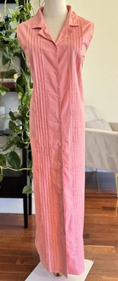 Sz L 14 Vintage 100% Cotton Pink Coral Peach Collared Utility Maxi Dress Button