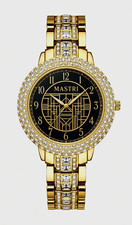 MASTRI Women’s Quartz Dress Watch Gold-Tone Bracelet Black/Gold Dial Crystal