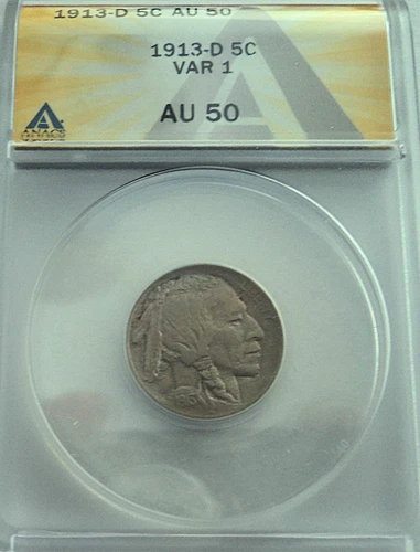 1913-D BUFFALO NICKEL, TYPE 1 - ANACS AU-50