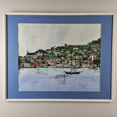 ART - VTG Michael Donelan Watercolor Lithograph - Grenada Seaside 31x25 Framed