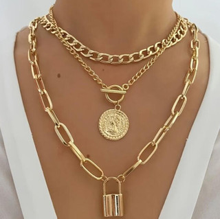 Women Necklace Set 3 Piece Multi Layer Coin and Padlock Pendant with OT Clasp