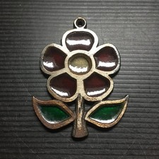 Vintage 1960s Stained Glass Flower Suncatcher - Red Petals  Green Leaves 4"H