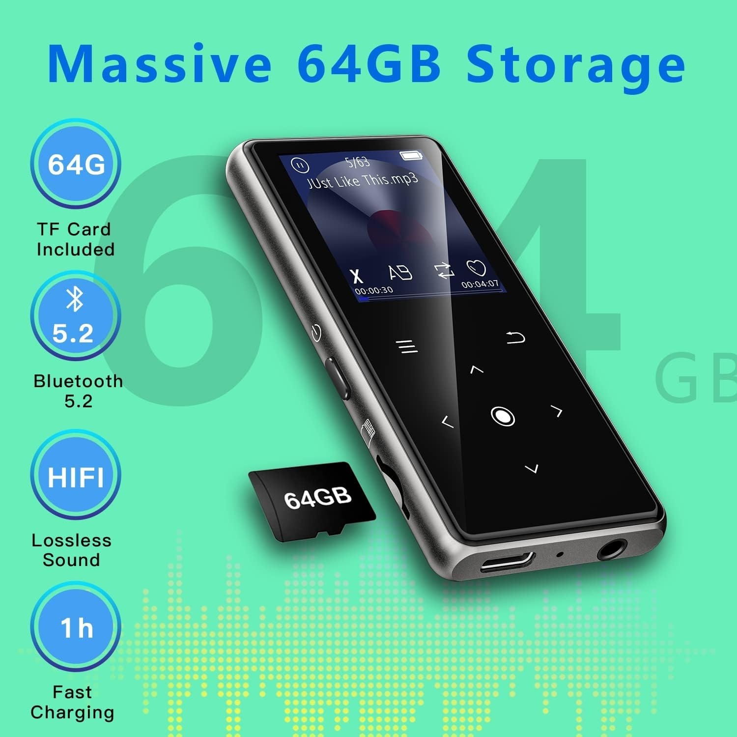 64GB MP3 Player with Bluetooth 5.2 & HiFi Sound - Portable Music Entertainment
