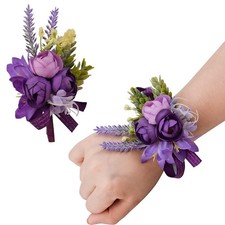 Wrist Corsage and Boutonniere Set, 1 Set Small Rose Purple Hand Flower for Pr...