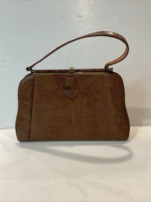 Vintage Genuine Lizard Skin Leather Brown Handbag Top Handle Frame 13.5x9