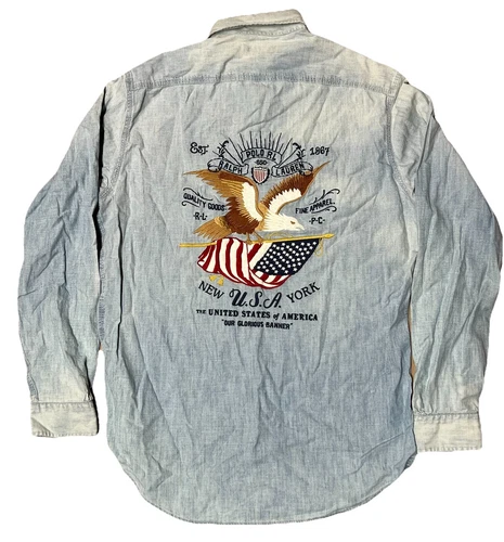 Polo Ralph Lauren Embroidered Blue Shirt USA Crest Flag Eagle Mens Small Unisex