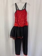 Revolution Dance Wear Costume Black  Red Unitard Half Skirt Sequin Accent Med