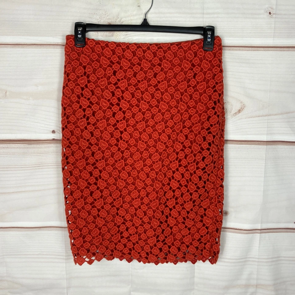 Max Mara Skirt Womens US 10 Orange Crochet Pencil Wool Blend Lined Knee Length
