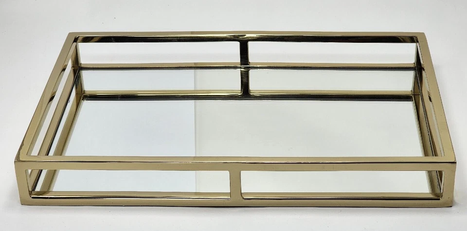 Classic Touch Mirror Tray with Loop Design, Stainless Steel, Gold 16x10 in - Image 2 of 4