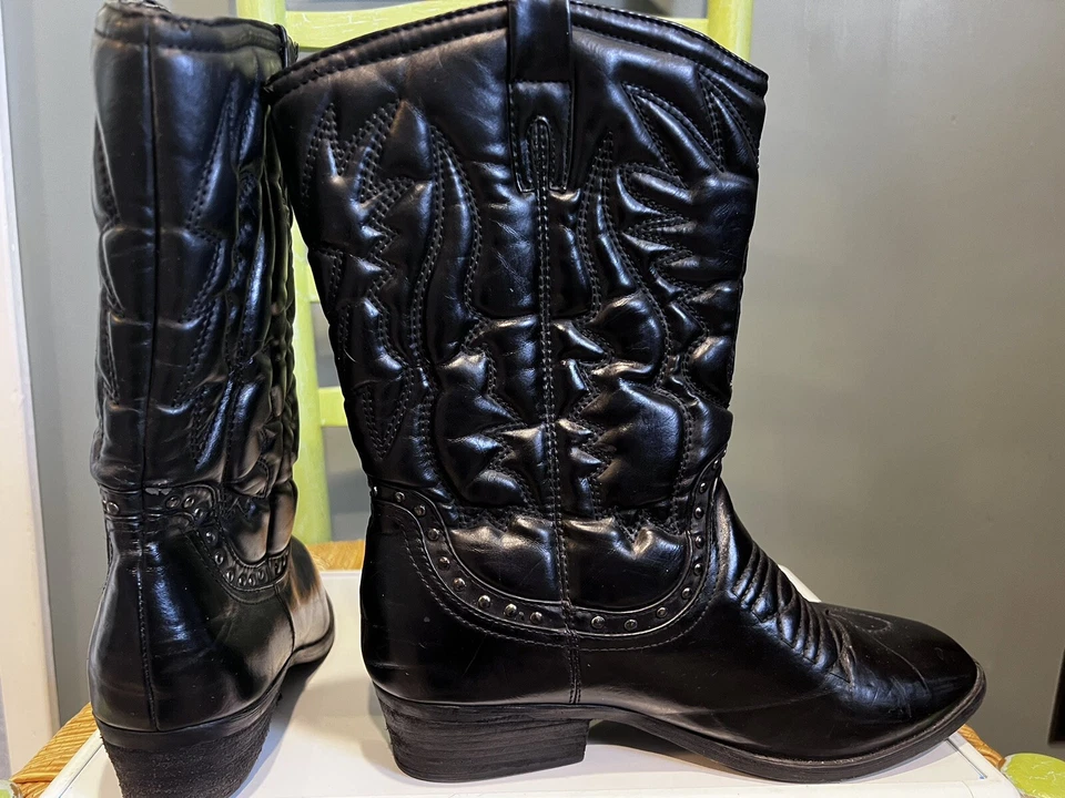 Bota de montar vaquera occidental negra de cuero sintético con tachuelas a mitad de pantorrilla bambú Rylee-01 Foto 4 de 4